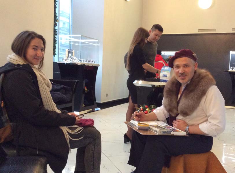 шаржист Мишель, шаржист Михаил Шабалин  на свадьбе в магазине 