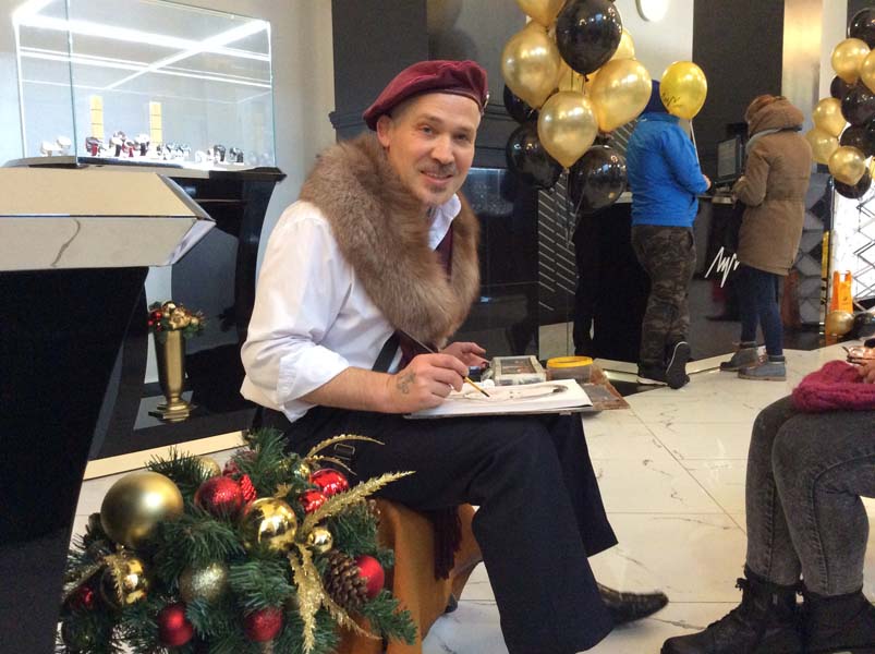  шаржист Мишель, Михаил Шабалин рисует шаржи на свадьбе в магазине 